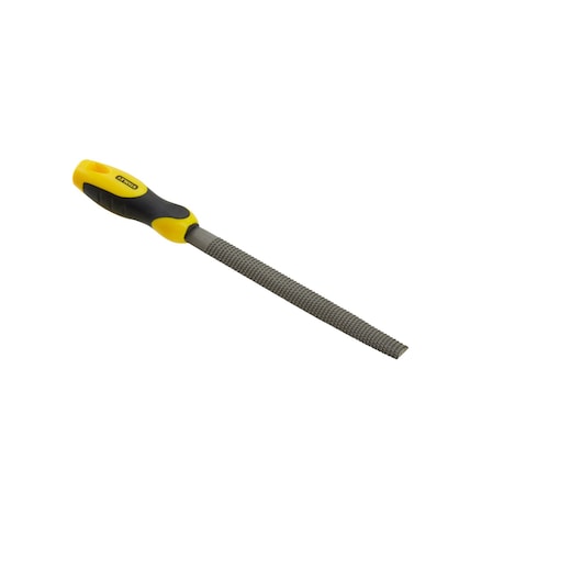 Stanley hand file tool with yellow and black handle, used for shaping or smoothing materials.
