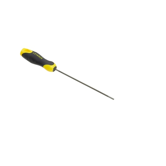 Stanley hand tool with yellow and black handle and a long metal shaft, shown on a white background.