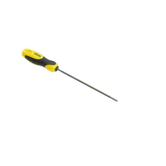 Stanley hand file with yellow and black handle, long metal shaft, isolated on white.