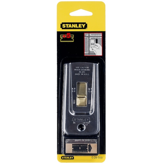 Stanley 0-28-500 razor blade scraper in retail packaging, front angle showing tool and replacement blades.