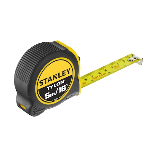 Photo of STANLEY 0-30-696 tape measure, black and yellow, with extended yellow measuring blade, angled view.