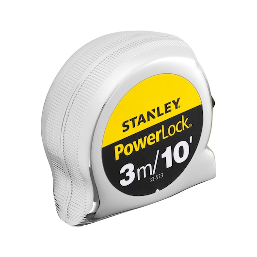 STANLEY 0-33-523 PowerLock tape measure, 3m/10ft, silver body, front angle photo.