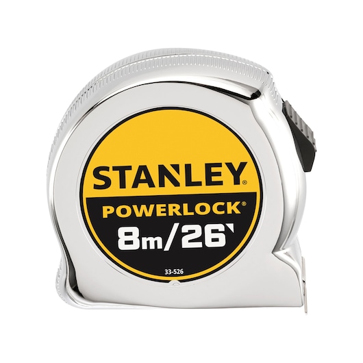 STANLEY 0-33-526 tape measure, PowerLock Blade Armor, 8m/26ft, chrome case, front angle.