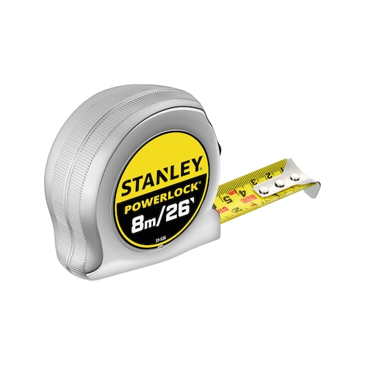 STANLEY 0-33-526 tape measure, PowerLock Blade Armor, 8m/26ft, chrome case, side view on white background.