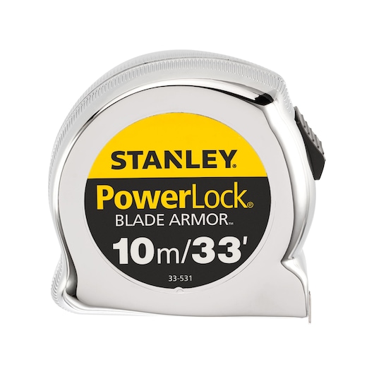 STANLEY 0-33-531 PowerLock tape measure with Blade Armor, 10m/33ft, front angle, silver and yellow case.