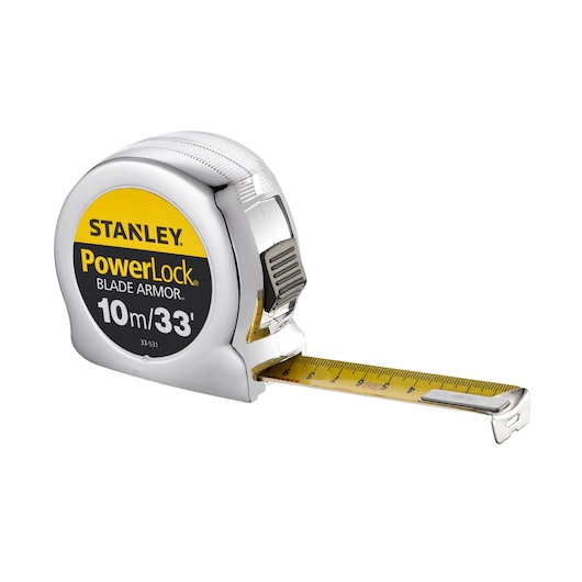 Photo of STANLEY 0-33-531 PowerLock tape measure with yellow blade, side angle, 10m/33ft.