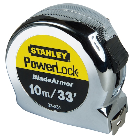 STANLEY 0-33-531 tape measure, PowerLock BladeArmor, 10m/33', silver and yellow, front angle on white background.