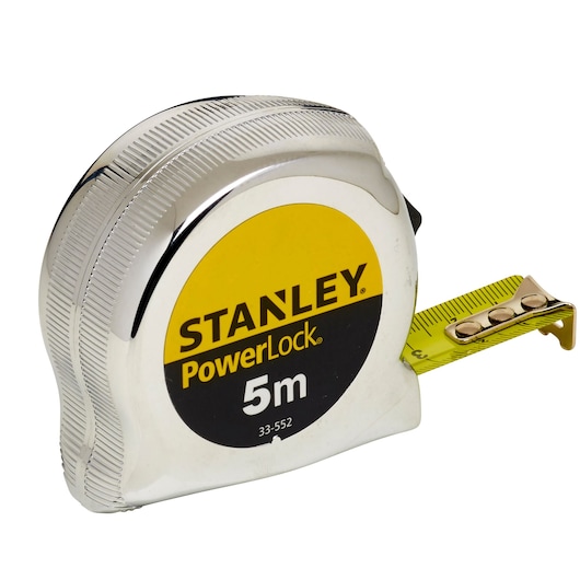 Stanley PowerLock 5m tape measure with metal casing and extended yellow measuring tape.