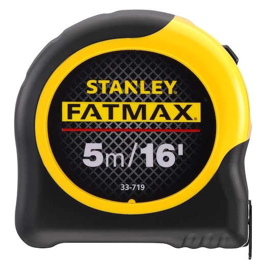 STANLEY 0-33-719 tape measure, FATMAX series, 5m/16ft, black and yellow, product front view on white background.