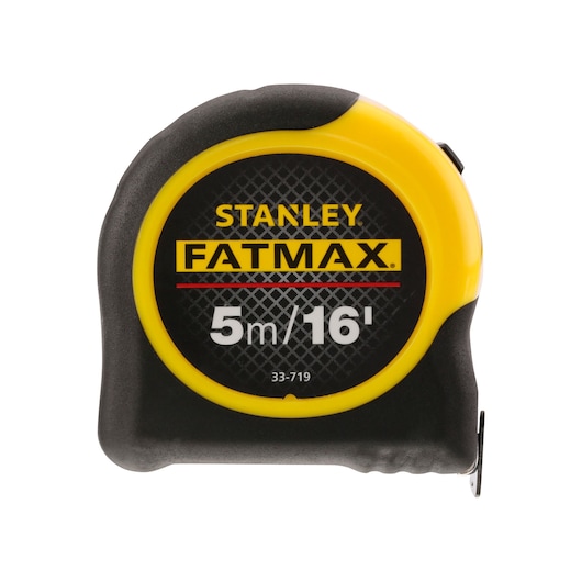 STANLEY 0-33-719 tape measure, FATMAX series, 5m/16ft, black and yellow, front angle on white background.
