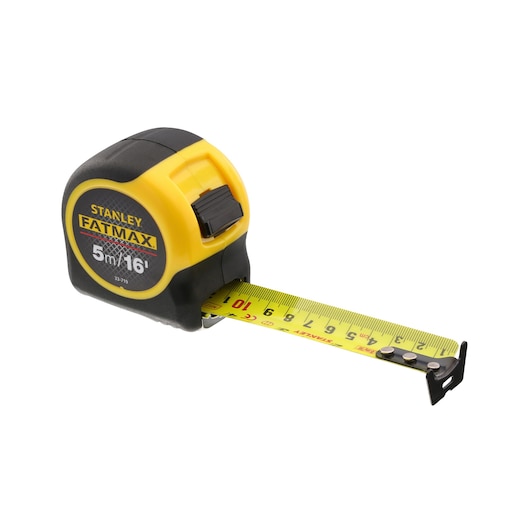 STANLEY 0-33-719 tape measure, yellow and black, extended blade, front angle, photography