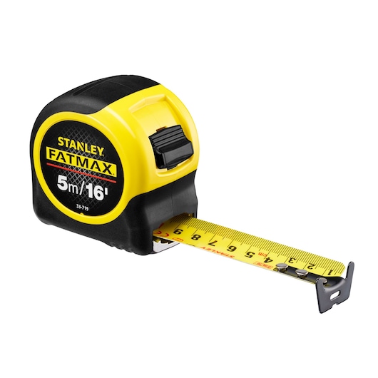 STANLEY 0-33-719 tape measure, FATMAX model, yellow and black, front angle, extended blade.