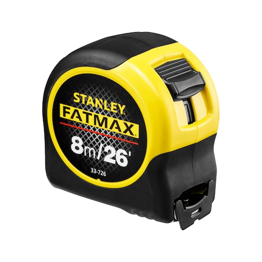 STANLEY 0-33-726 8m/26ft FATMAX tape measure, yellow and black, angled product photo on white background.