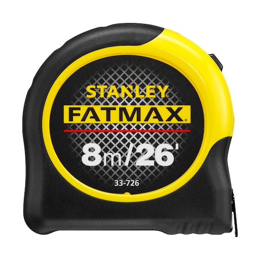 STANLEY 0-33-726 tape measure, FATMAX, 8m/26ft, black and yellow, front angle, category: photography.