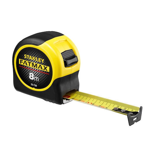 STANLEY 0-33-728 tape measure, FATMAX series, yellow and black, side view with extended blade.