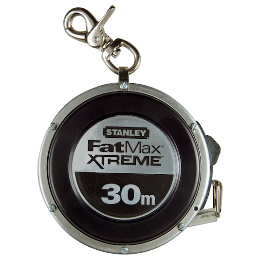 Stanley FatMax Xtreme 30m measuring tape with metal clip and round black casing.