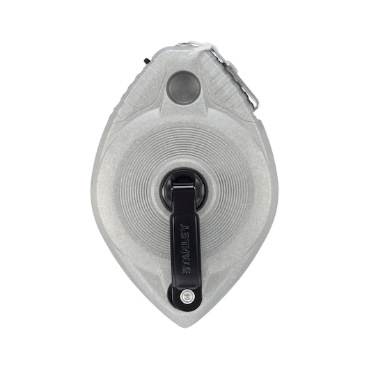 STANLEY 0-47-100 silver chalk line reel, photography of front angle on white background.