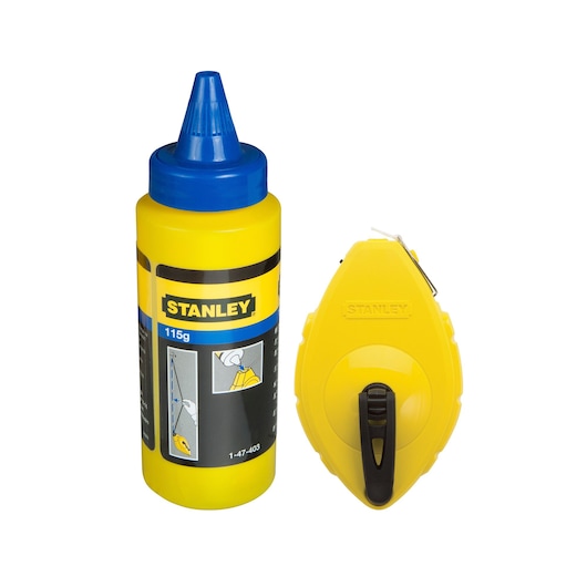 Stanley chalk line reel and chalk powder bottle, both yellow with blue accents, used for marking straight lines.