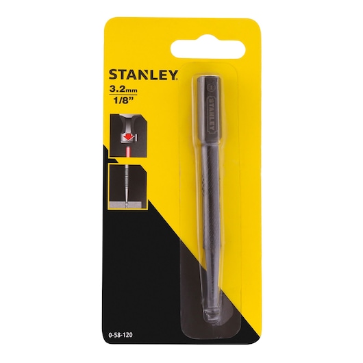 STANLEY 0-58-120 nail punch 3.2mm on yellow and black retail packaging, front angle.