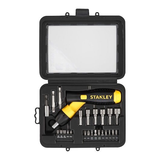 STANLEY 0-63-022 ratcheting screwdriver set with assorted bits in black case, top view.