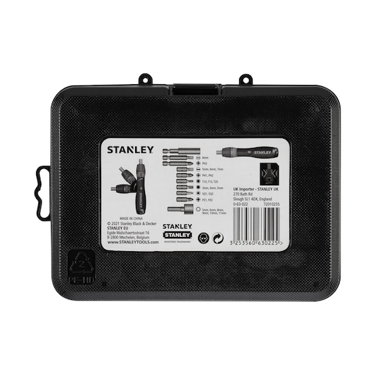 STANLEY 0-63-022 screwdriver and bit set case, black plastic, rear view with product details label, white background.