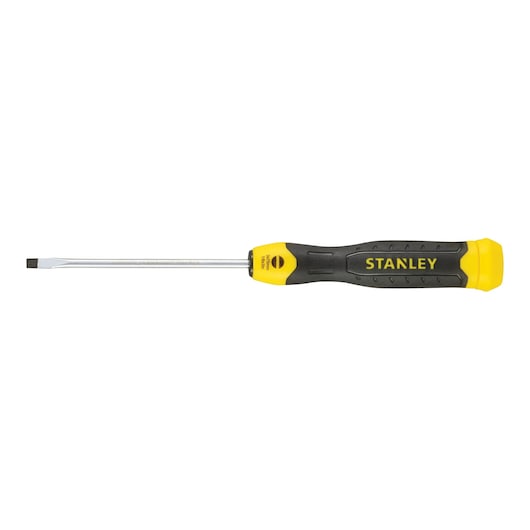 STANLEY 0-64-924 flathead screwdriver with yellow and black handle, side view on white background.