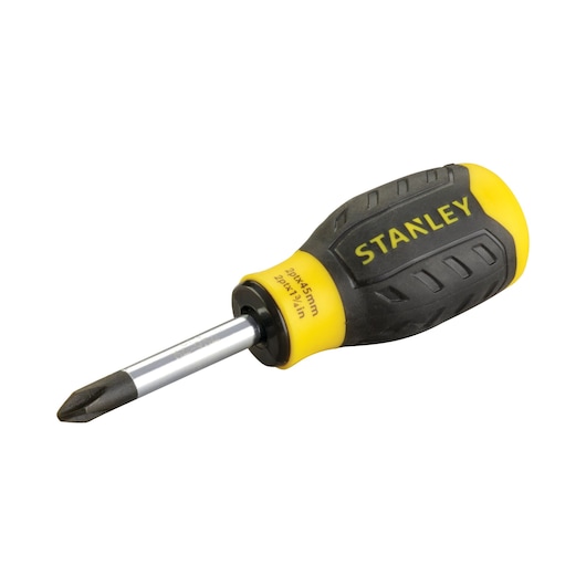 STANLEY 0-64-934 stubby Phillips screwdriver with yellow and black handle, side angle, on white background.