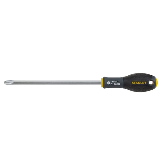 STANLEY 0-65-317 screwdriver with black and yellow ergonomic handle, Phillips head, side view on white background.