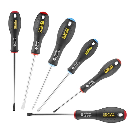 Six Stanley screwdrivers with black handles and colored tips, arranged in a fan shape on a white background.