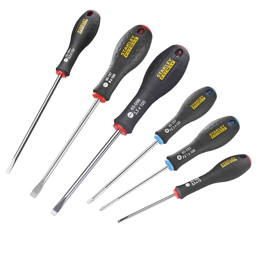 Set of six STANLEY screwdrivers with black handles and different tip types and sizes, arranged side by side.