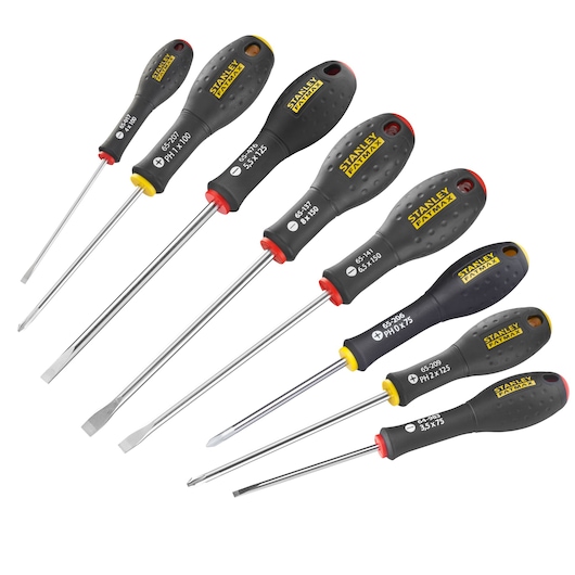Stanley set of eight assorted screwdrivers with black and yellow handles, flat and Phillips heads.