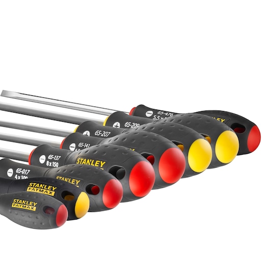 Stanley FatMax screwdriver set with black, red, and yellow handles, arranged in a row.