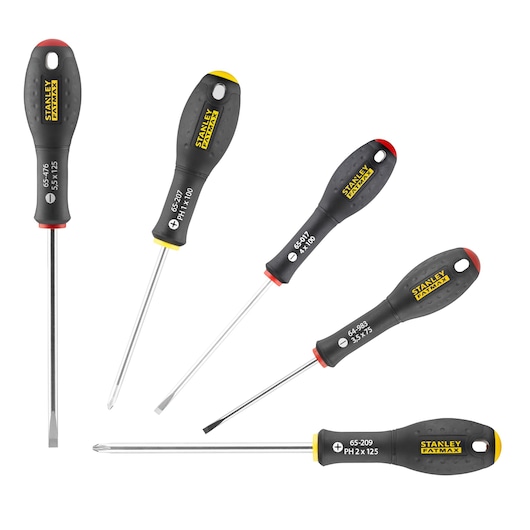 Five Stanley screwdrivers with different tips and sizes, black handles with yellow or red accents, arranged on white.