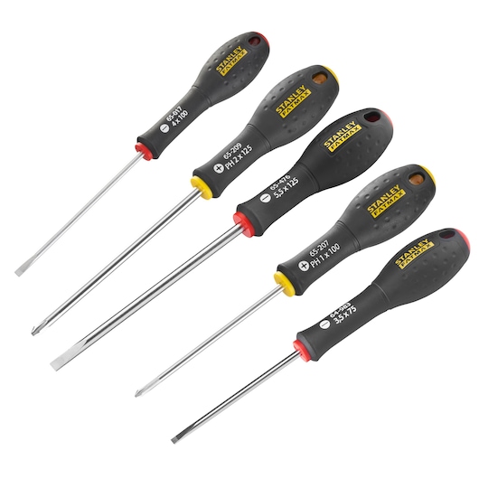 Stanley screwdriver set with five screwdrivers featuring black handles and varying blade sizes.