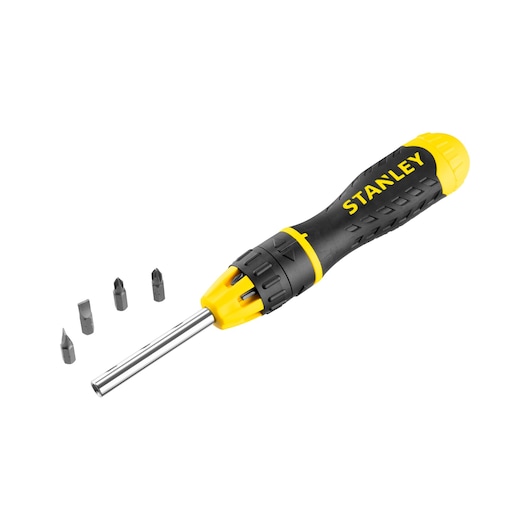 STANLEY 0-68-010 multi-bit screwdriver with black and yellow handle, five interchangeable bits, front angle.