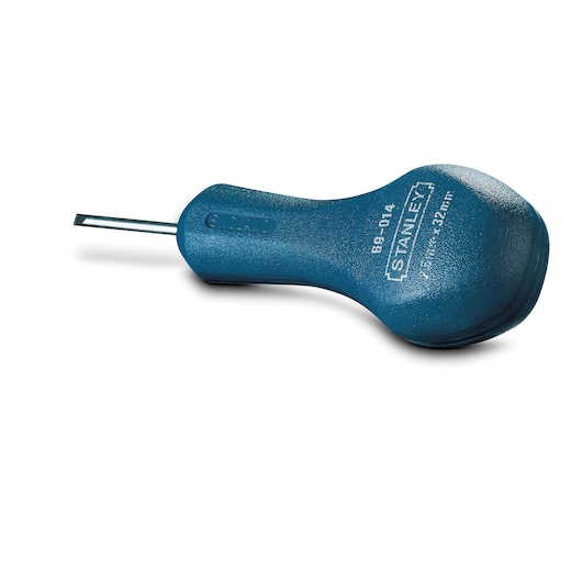 Stanley blue-handled screwdriver with flat blade, model 0-69-014, shown on a white background.