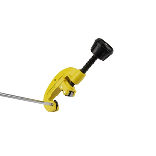 Photo of STANLEY 0-70-448 pipe cutter tool, yellow and black, side angle on white background.