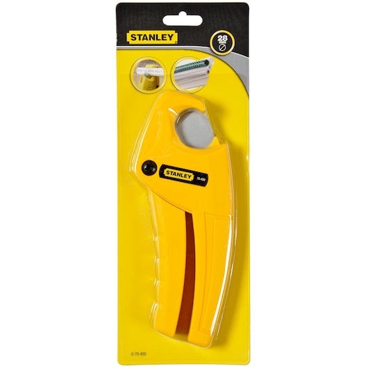 STANLEY 0-70-450 pipe cutter in yellow packaging, photography of tool on white background, front angle.