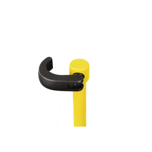 Yellow Stanley tripod clamp with black adjustable holder for photography equipment.
