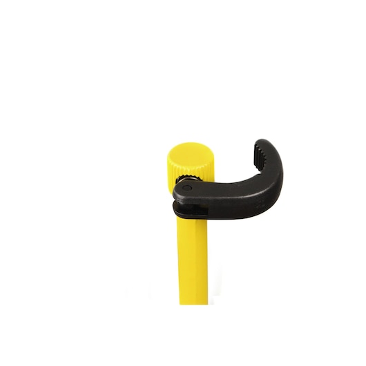 Yellow Stanley camera tripod clamp with a black adjustable jaw for mounting photography equipment.