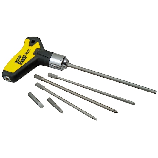 Stanley FatMax T-handle screwdriver with six interchangeable bits displayed.