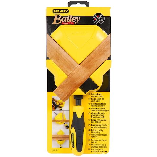STANLEY 0-83-122 heavy duty corner clamp, yellow with black handle, front packaging angle.