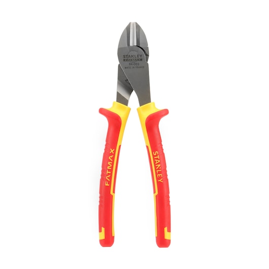 STANLEY 0-84-003 diagonal cutting pliers with red and yellow handles, front view, hand tool.