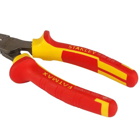 STANLEY 0-84-006 insulated combination pliers with red and yellow handles, close-up angle, white background.