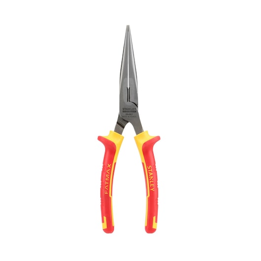 Stanley insulated long nose pliers with red and yellow handles, suitable for precise gripping and cutting.