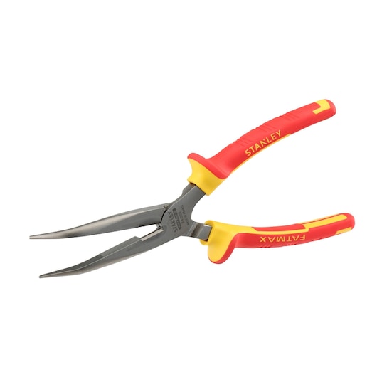 Photo of STANLEY insulated long nose pliers, red and yellow handles, SKU 0-84-008, angled on white background.