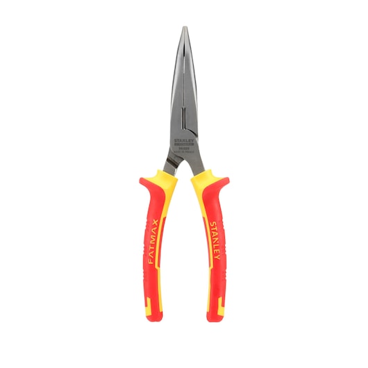 Stanley long nose pliers with red and yellow insulated handles, tool for precision gripping and cutting.