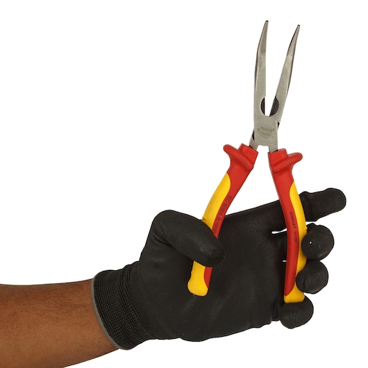 STANLEY 0-84-008 insulated long nose pliers held in gloved hand, side angle.