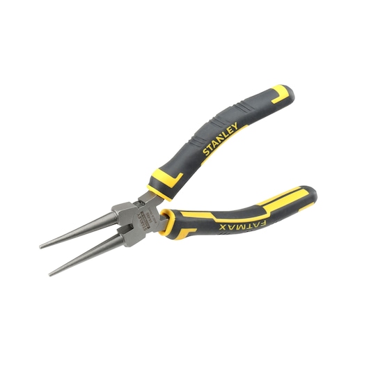 Stanley long nose pliers with black and yellow ergonomic handles, suitable for precision tasks.