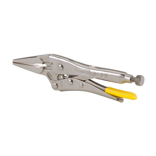Stanley long nose locking pliers with yellow handle grip and adjustment screw, silver metal finish.